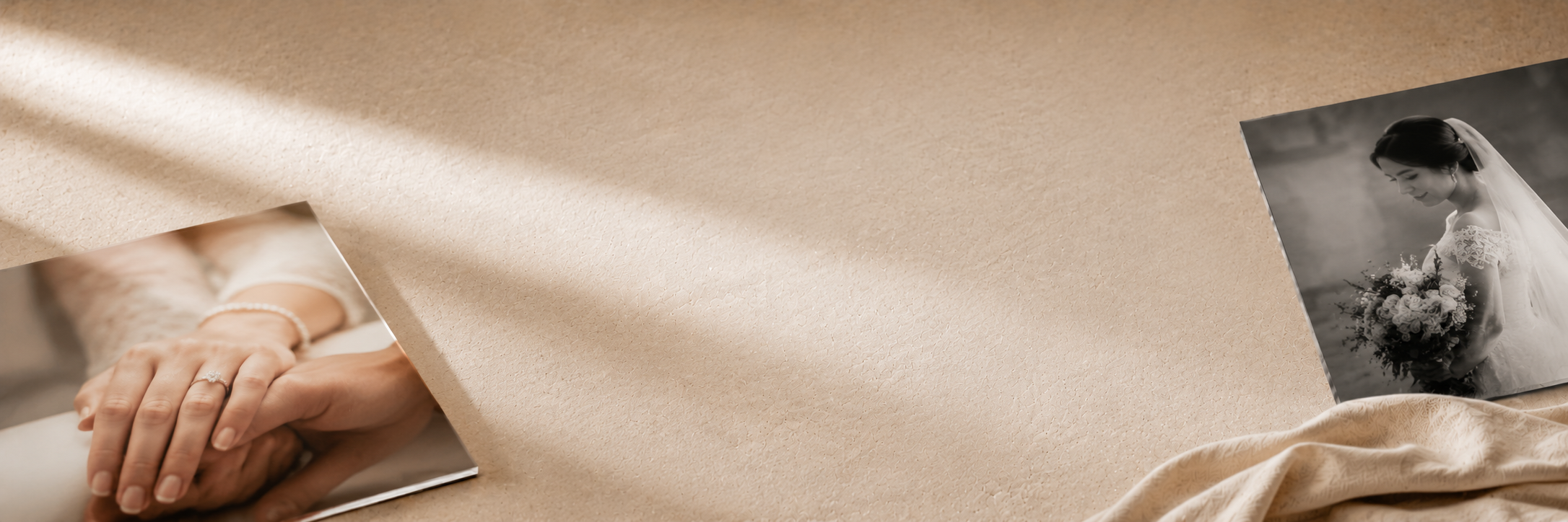 Editorial wedding photographs on a warm surface representing thoughtful shipping and delivery