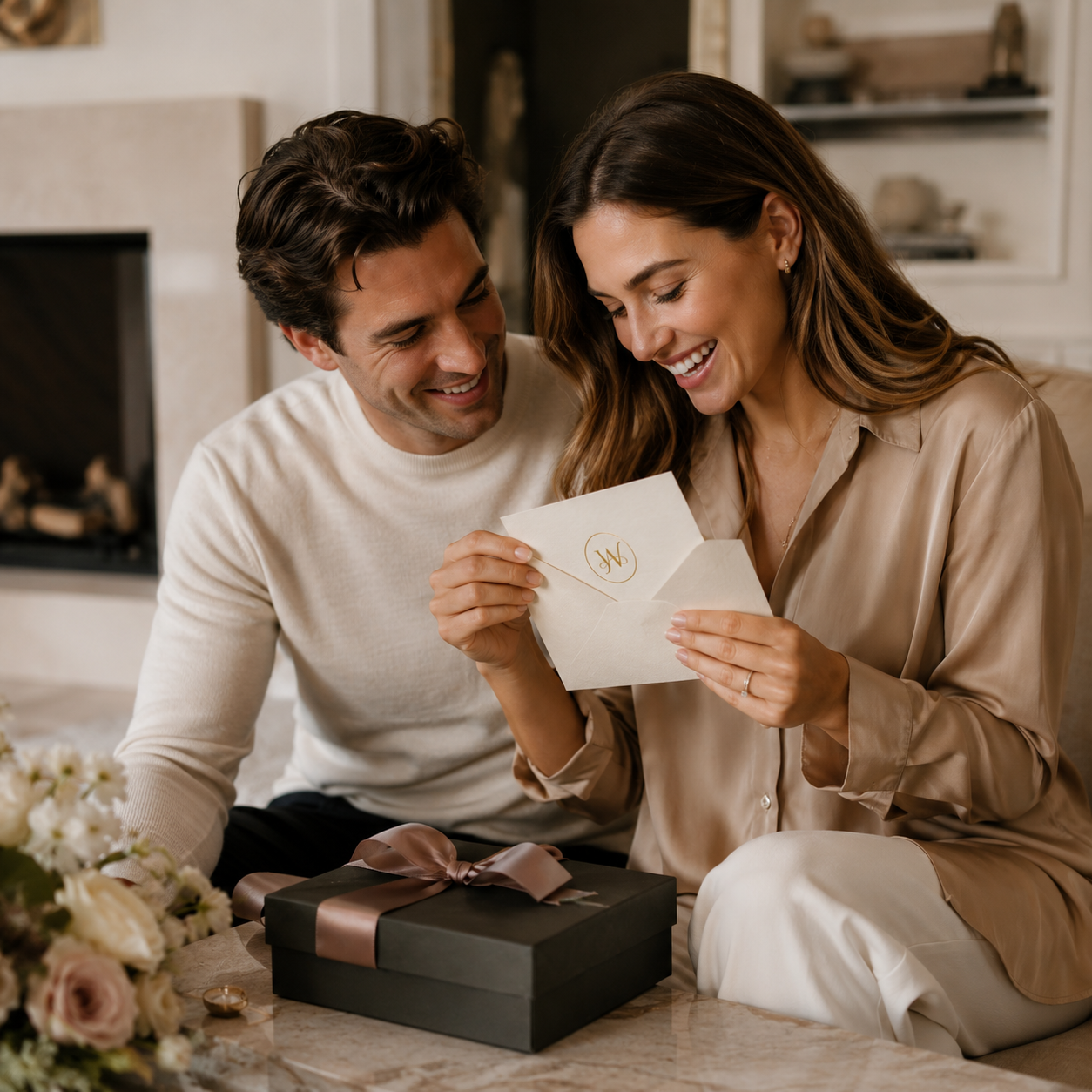 Couple opening a Wedding in Art Gift Card as a personal wedding present