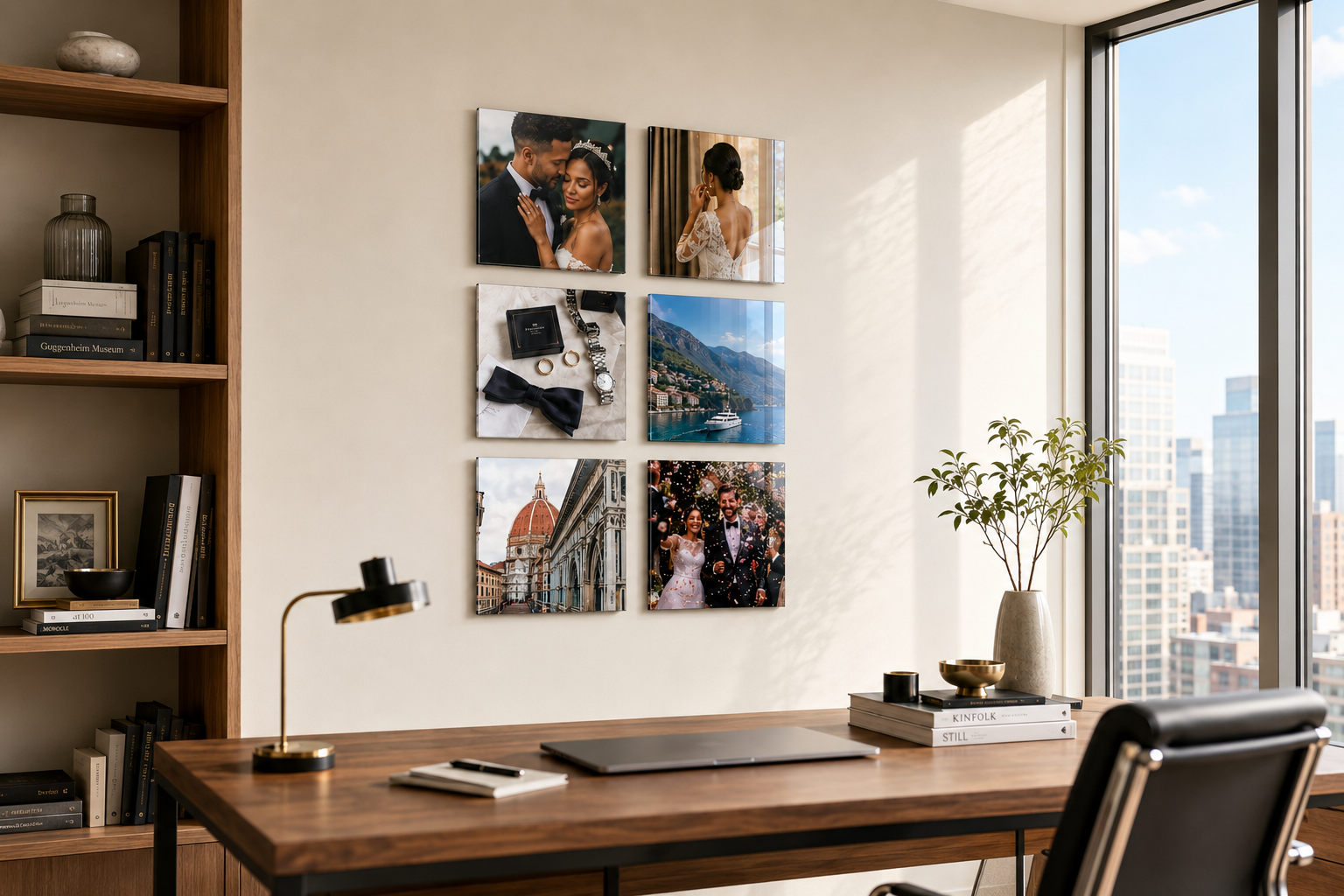 Personal gallery wall made from several wedding moments in a contemporary home office
