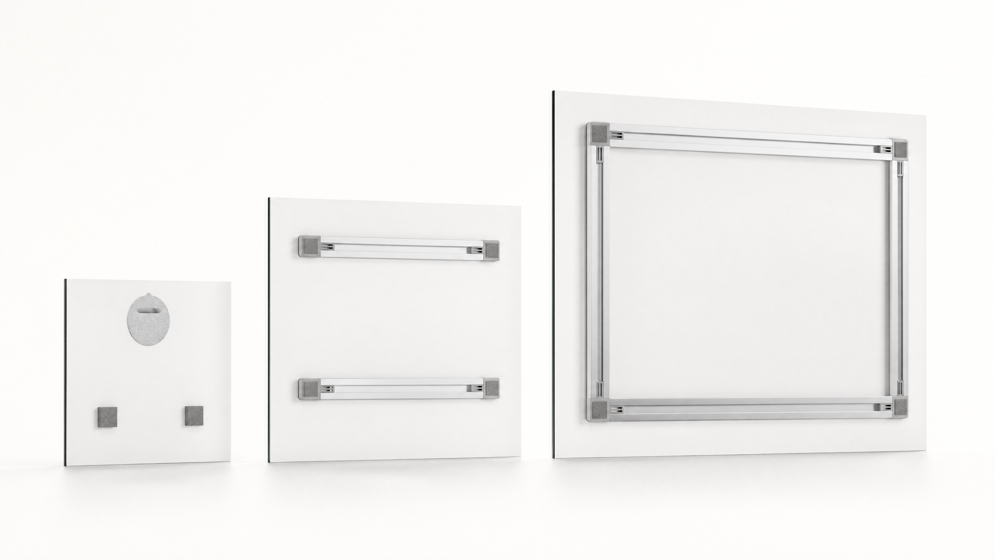 Three rear hanging systems for different acrylic glass formats