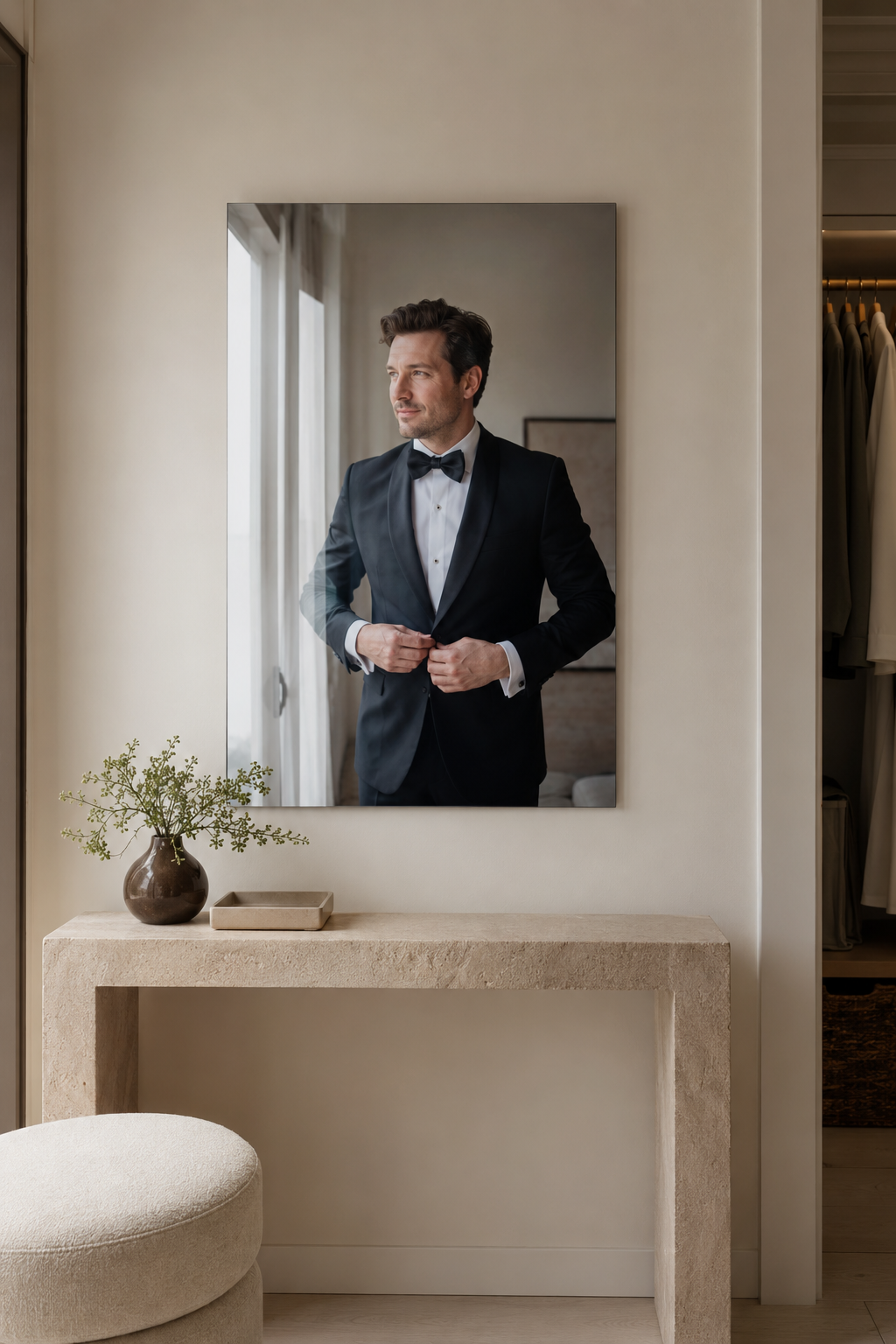 Portrait acrylic glass groom photograph in a refined interior