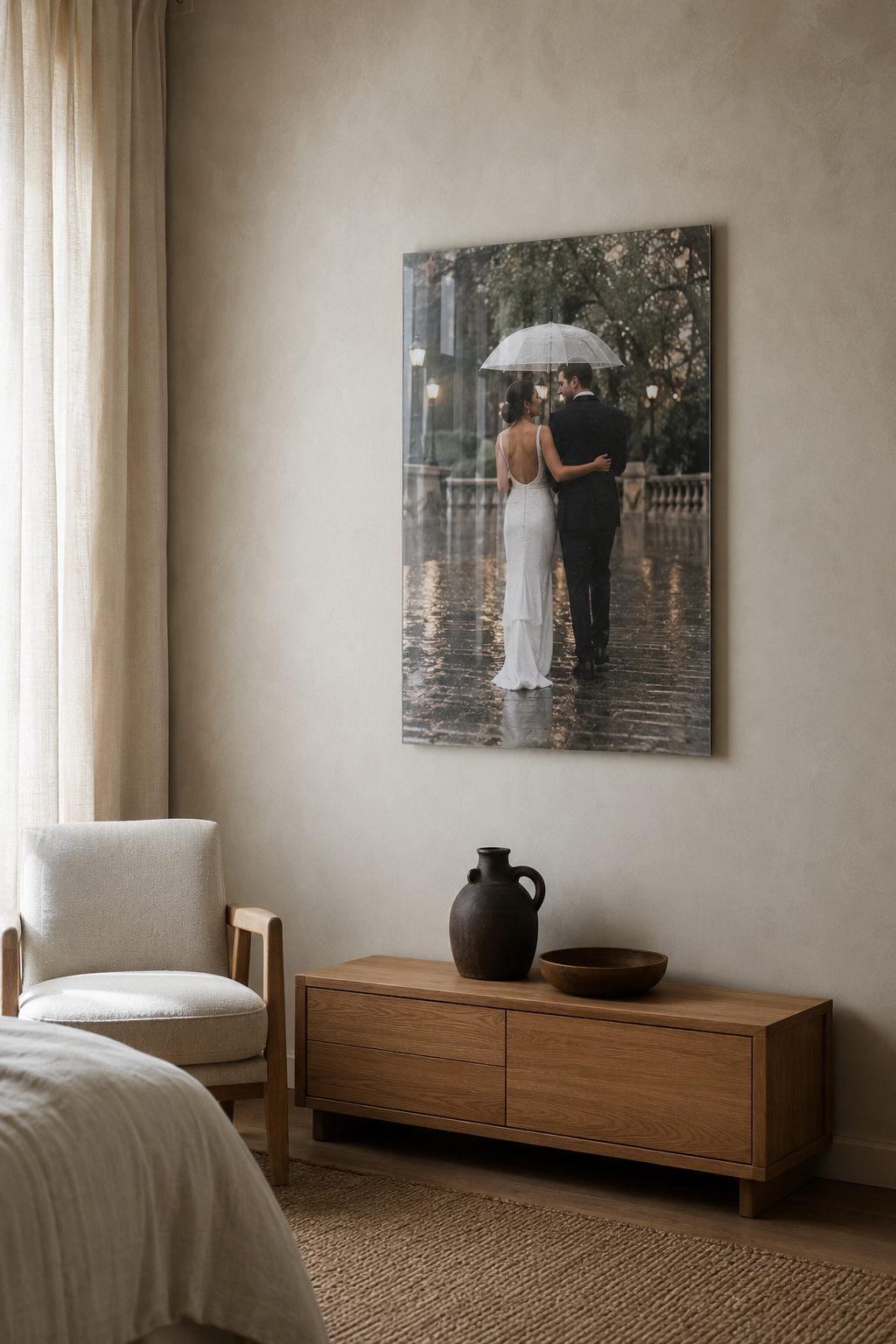 Portrait acrylic glass wedding artwork beside a quiet reading corner