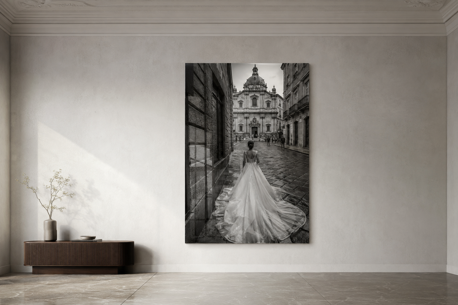 Accurately scaled black and white Portrait Statement artwork in a gallery salon