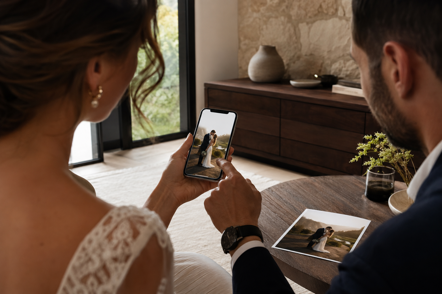 A newly married couple viewing their wedding photograph on a smartphone and as a photo print