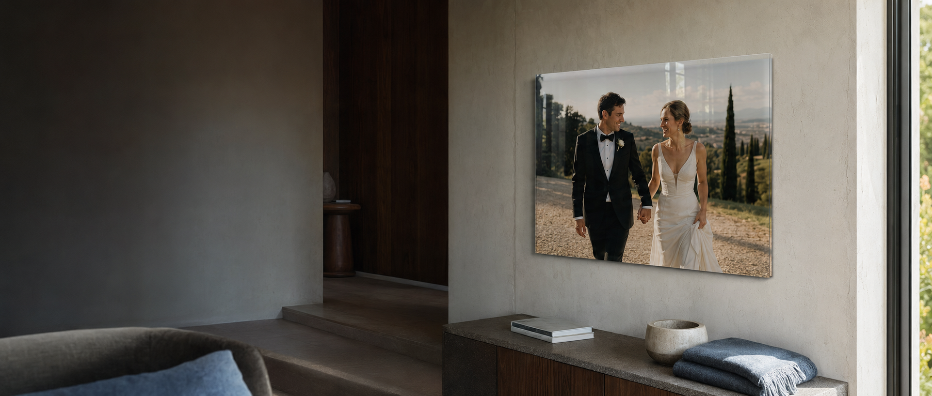 Finished Wedding in Art. acrylic glass artwork in a calm lived-in home