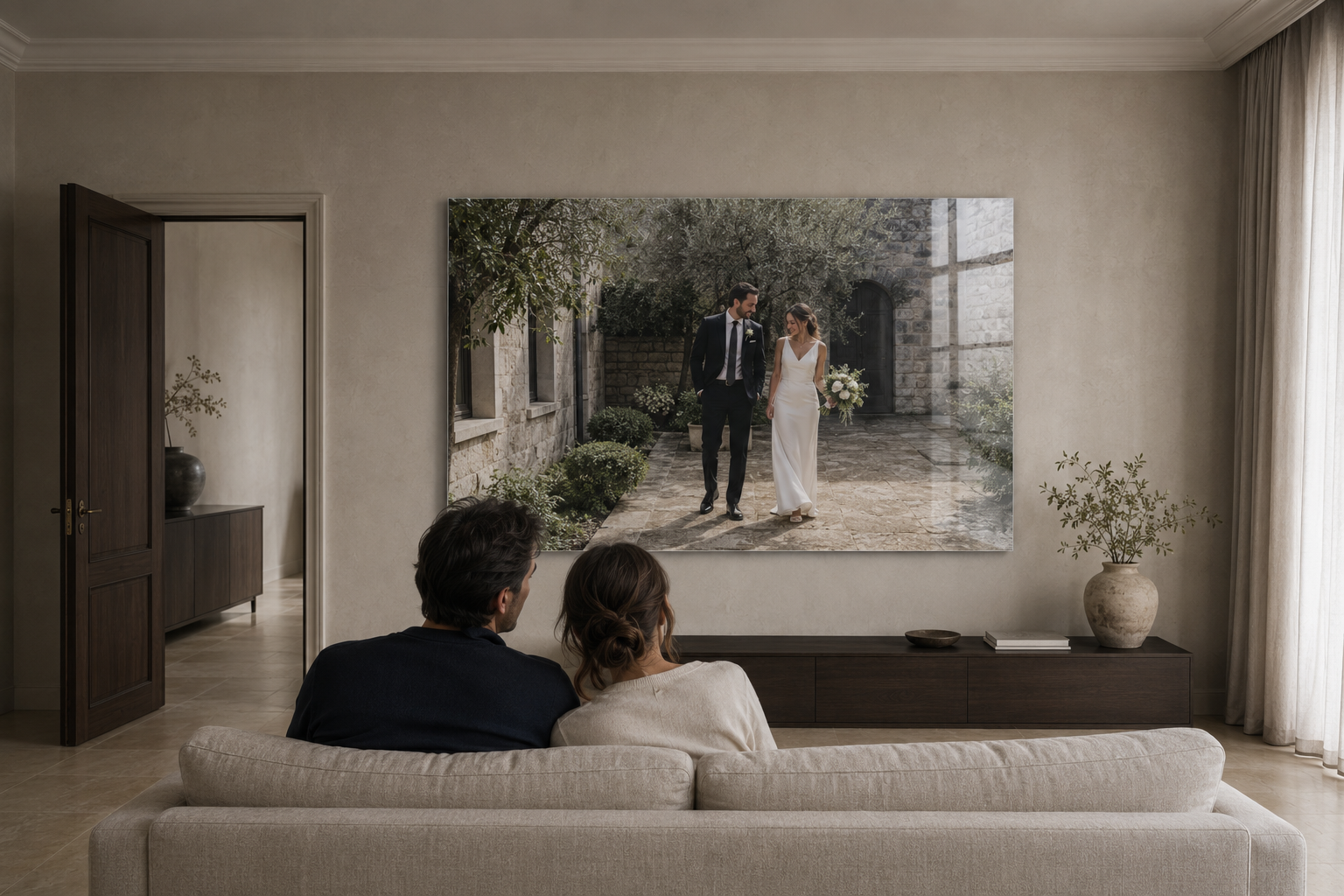 A couple at home viewing their 240 by 160 centimetre Landscape Statement wedding artwork